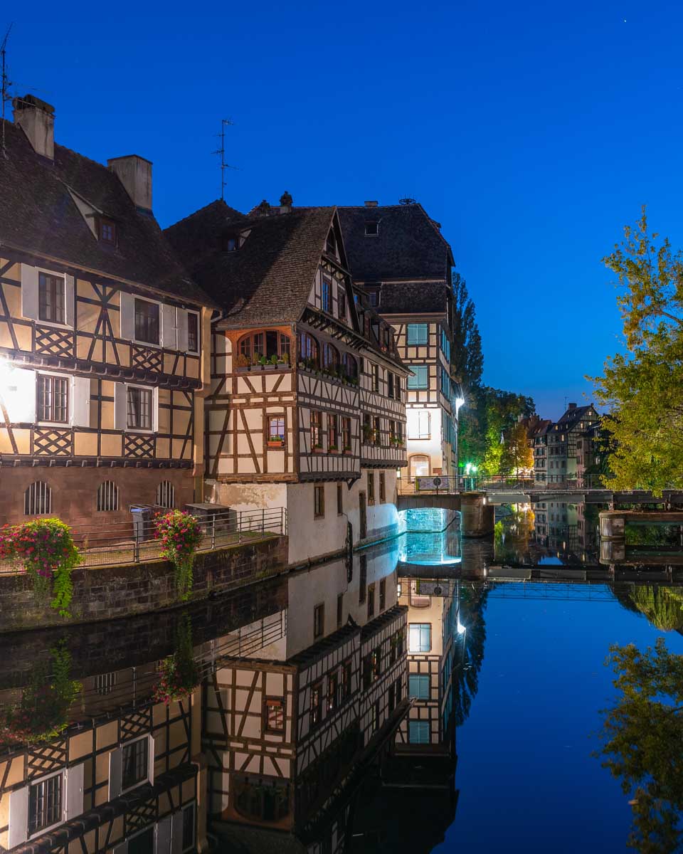 The canals in Strasbourg France at night seen from a yacht tour