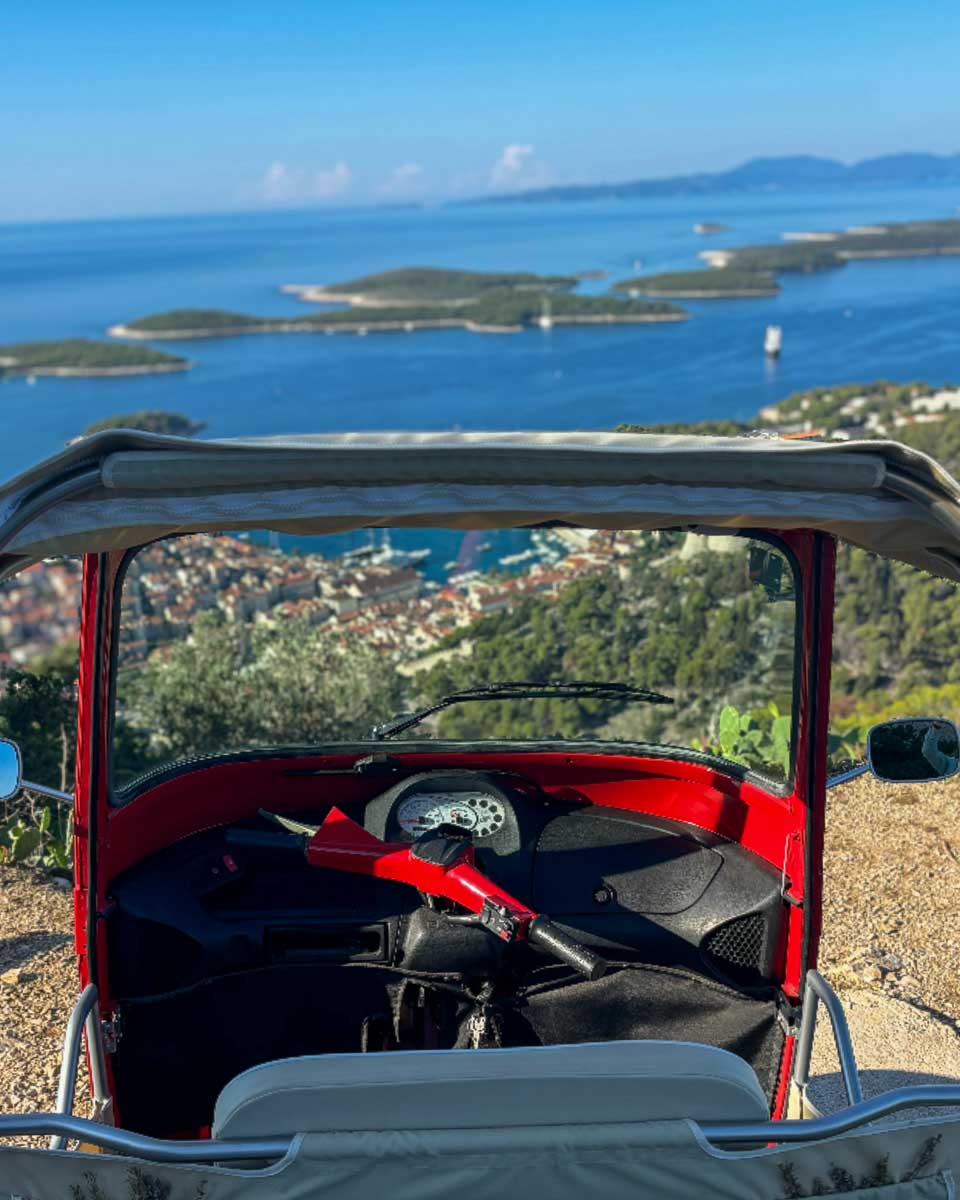 Tuk Tuk Hvar a tuk tuk sits at a view point on a tour in Hvar Croatia