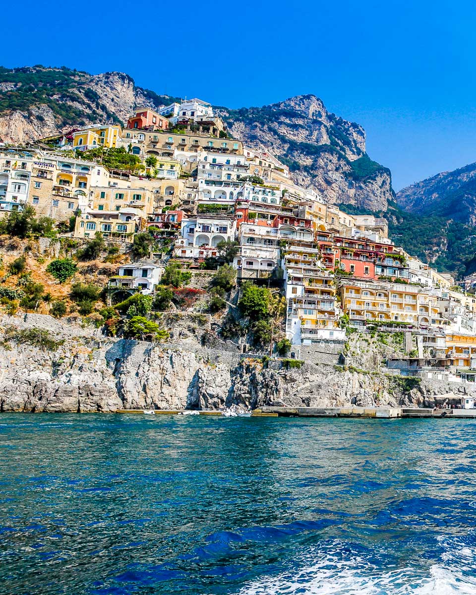 View of Positano Italy from a boat leaving on a tour