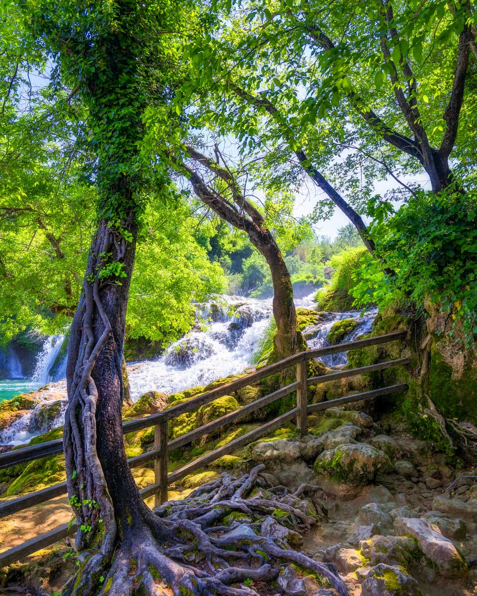 A path and waterfall in the background at Krka National Park seen on a tour from Zadar Croatia