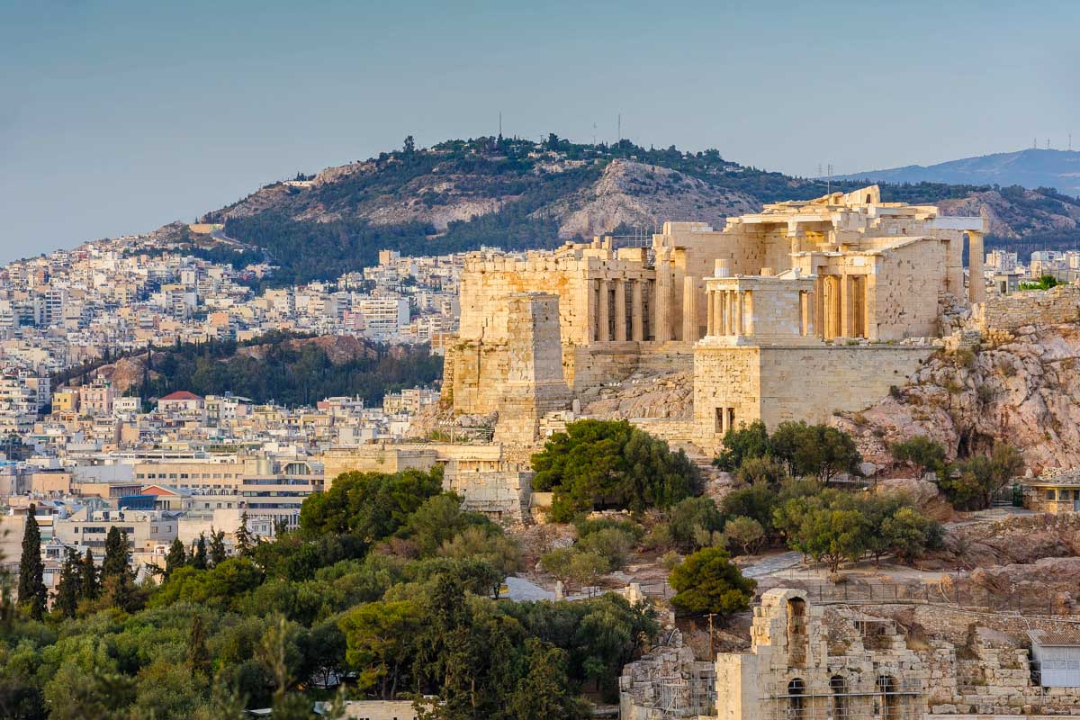 Acropolis in rays of sunset in Athens Greece