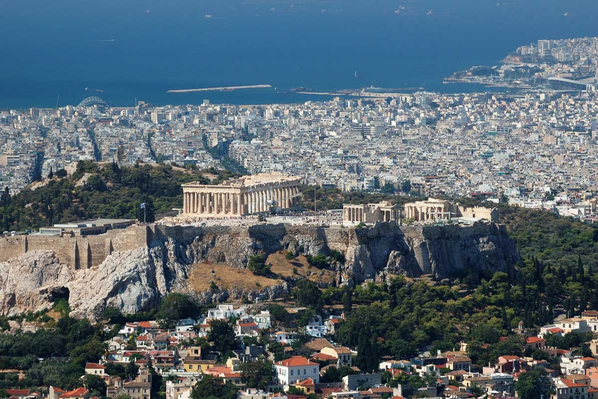 Athens and the Acropolis seen from the top of Lycabettus Hill in Athens Greece