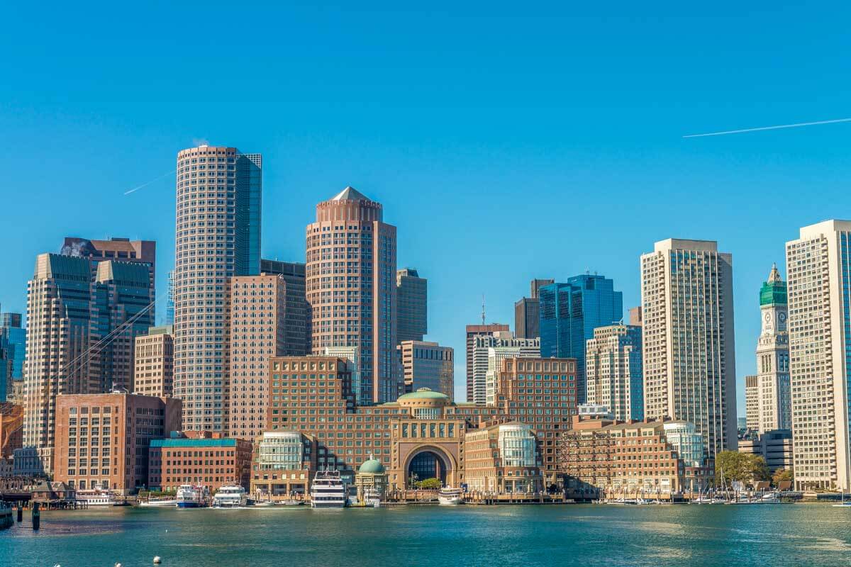 Boston Massachusetts cityscape from harbor