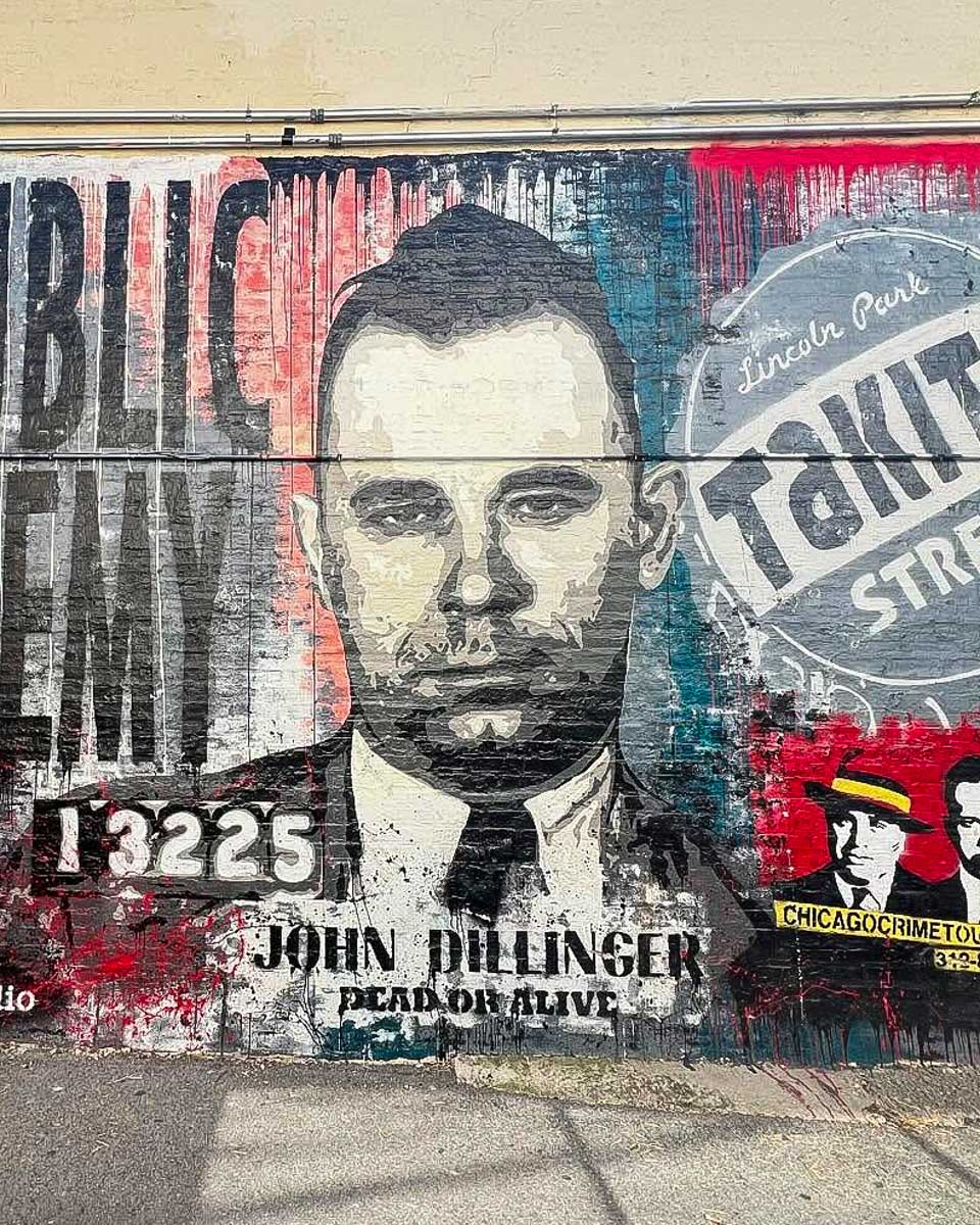 Chicago Crime Tours and Experiences mural of John Dillinger in Chicago Illinois