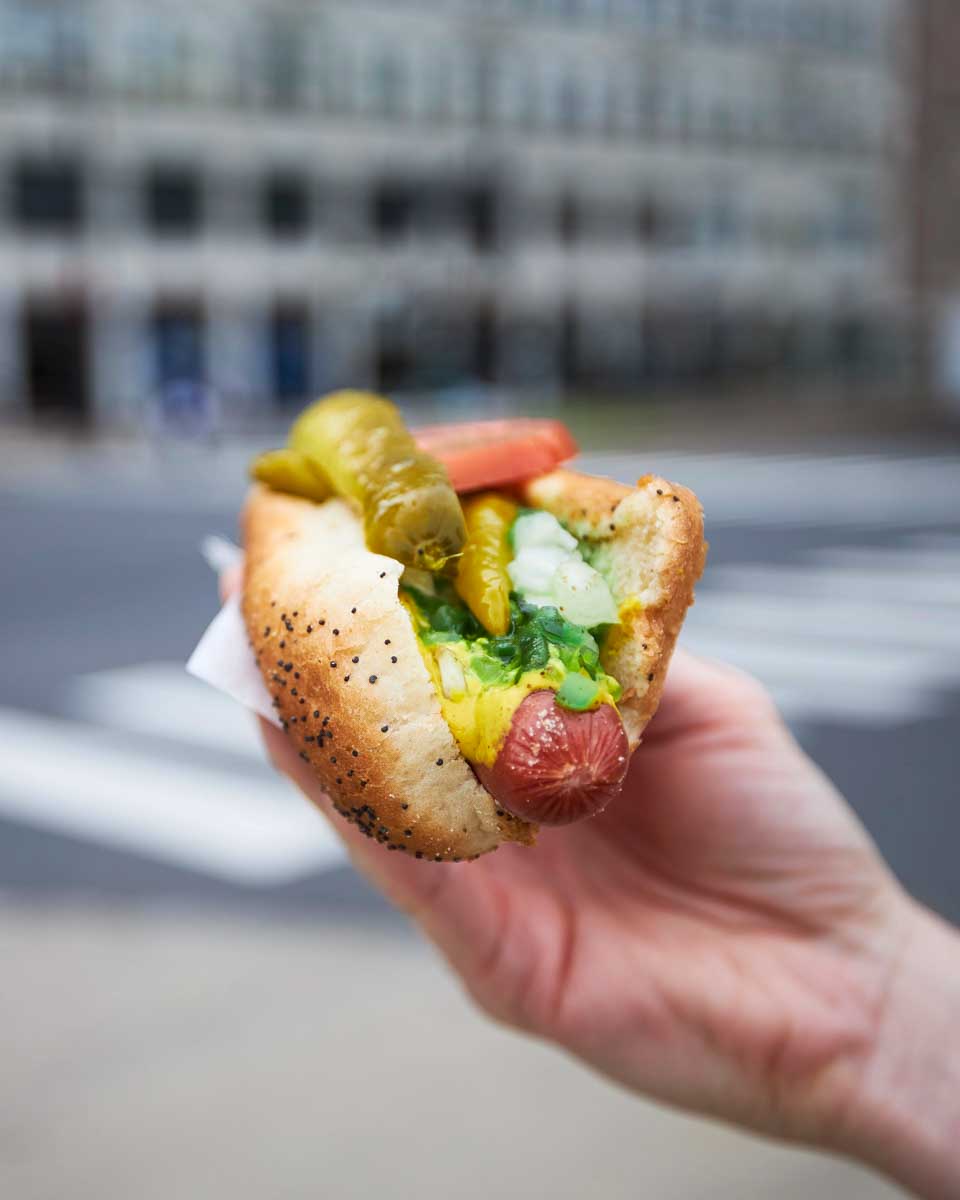 Close-up of hand holding hot dog in Chicago Illinois