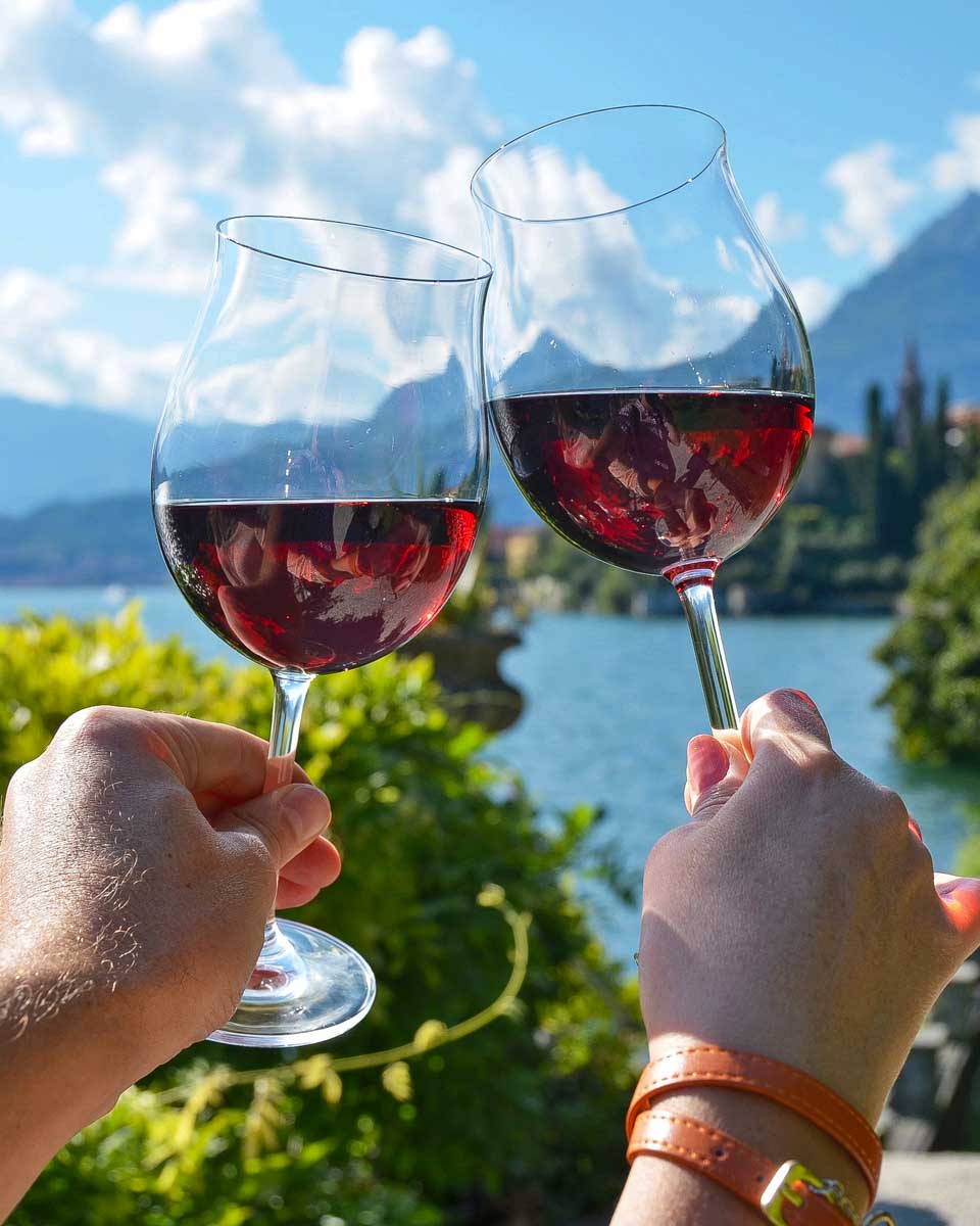 Daniel and Bailey hold wine glasses on a winery tour in Lake Como Italy