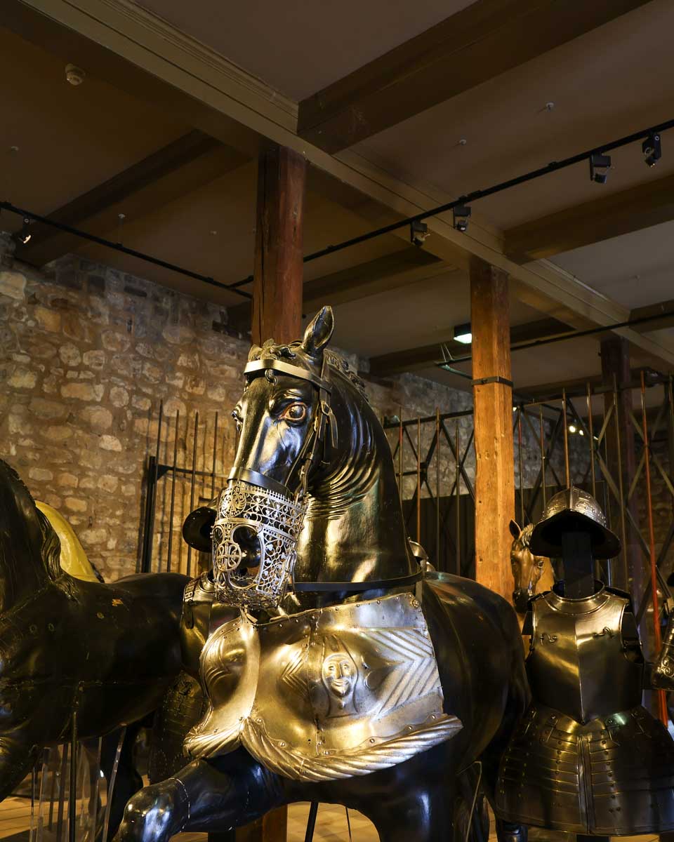 Horse armor in the Tower of London seen on a tour in London England
