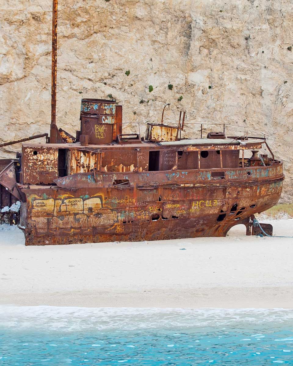 Navagio aka shipwreck beach seen on a private boat tour of Zakynthos Greece