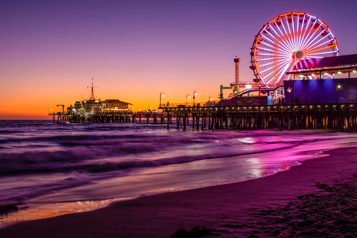 Santa Monica Pier at sunset in Los Angeles California United States