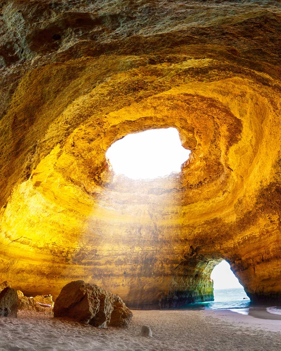 The hole in the roof of benagil caves seen on a tour from Lagos Portugal
