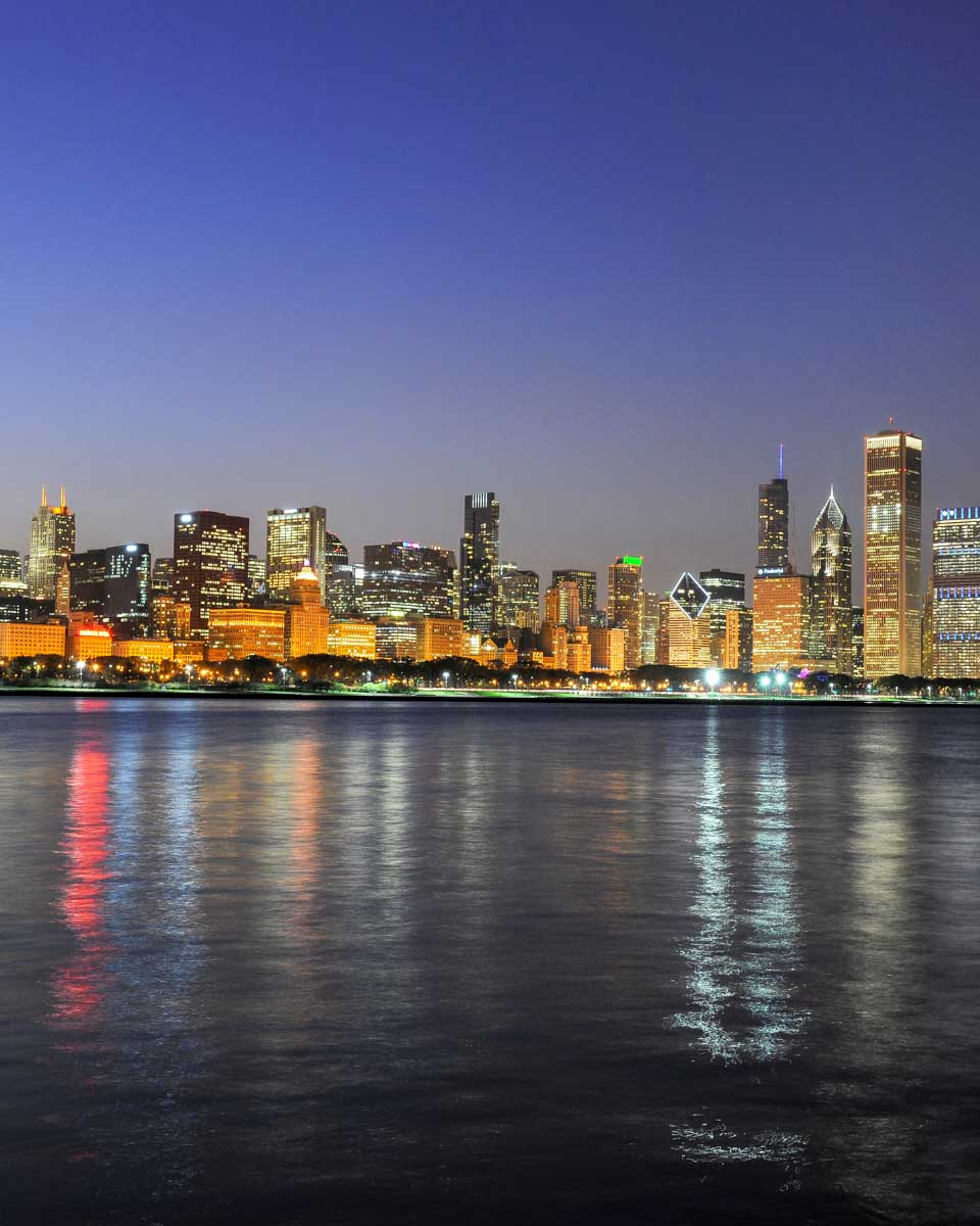 View of Chicago at night from Lake Michigan on a cruise from Chicago Illinois