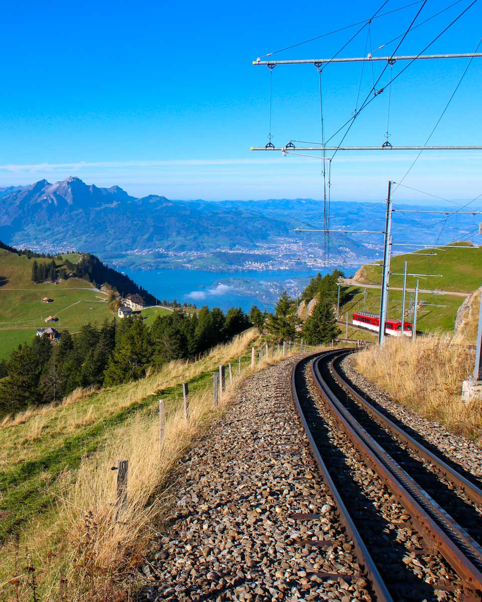 View of Lake Lucerne from the Mount Rigi cogwheel on a tour from Lucerne Switzerland