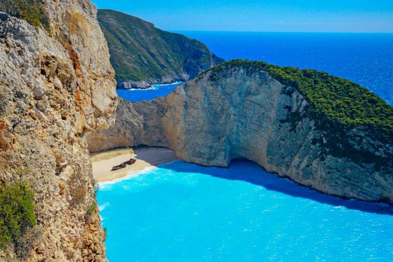 View of the ocean and cliffs in Zakynthos Greece
