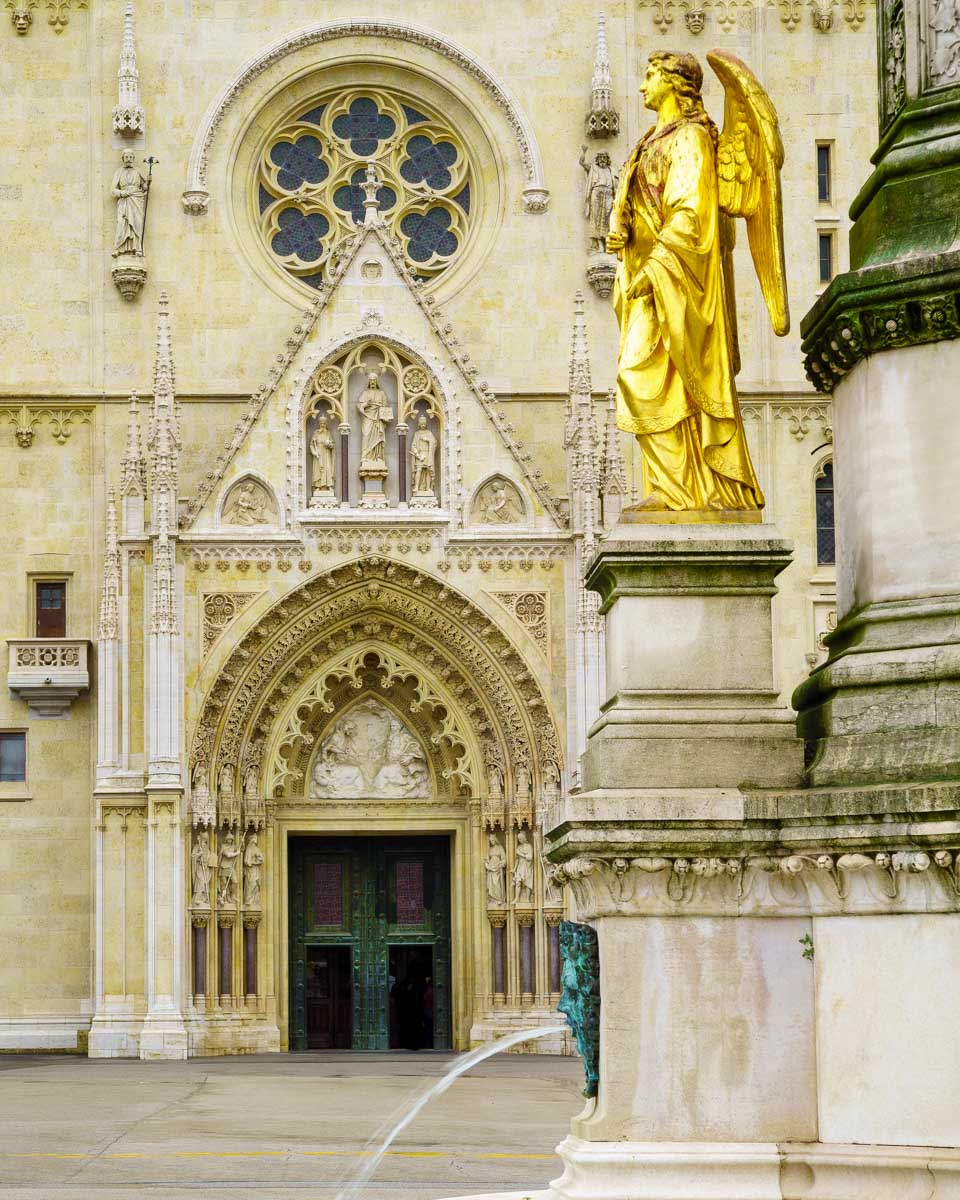 Zagreb Cathedral and fountain seen on a history tour in Zagreb Croatia