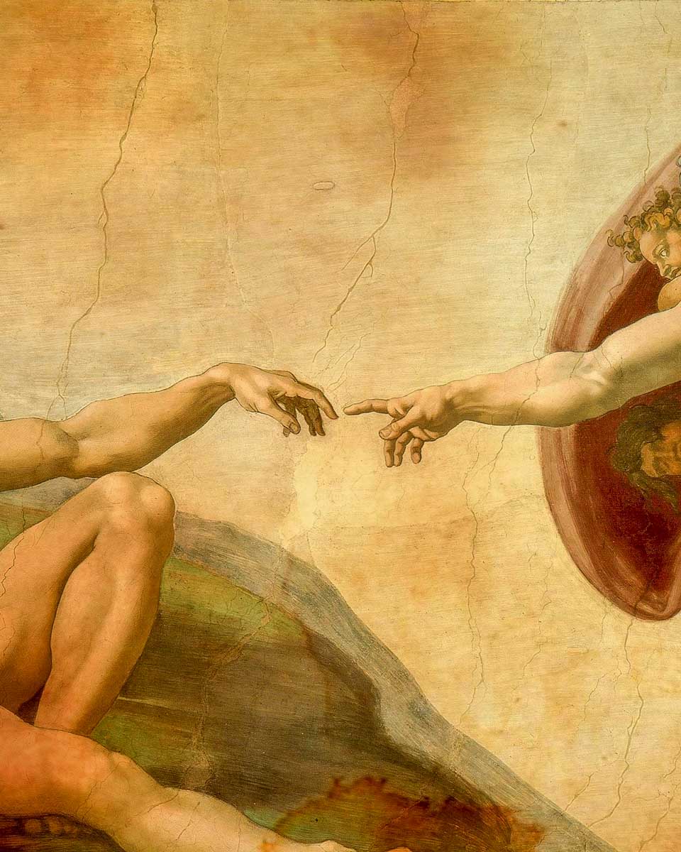 painting of creation of Adam by Michelangelo at the Sistine chapel in Vatican Rome
