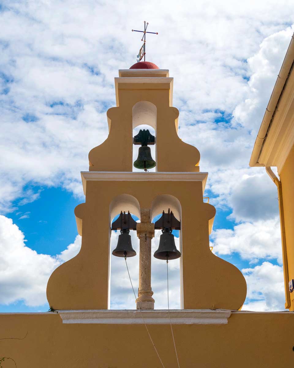 paleokastritsa beach monastery bells seen on a tour from Corfu Greece