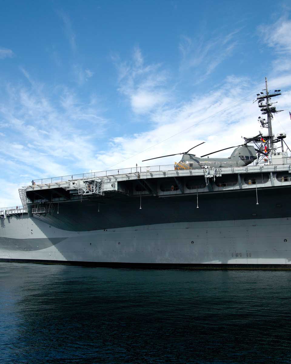 A navy ship at the USS Midway Museum in San Diego