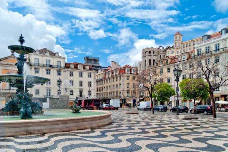 Fountain on Rossio Square in Lisbon, Portugal on a beautiful day