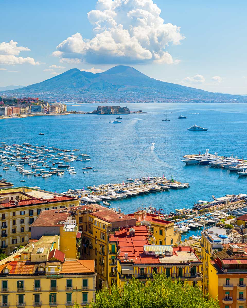 Looking at the bay of naples and mount vesuvius from Chiaia in Naples Italy