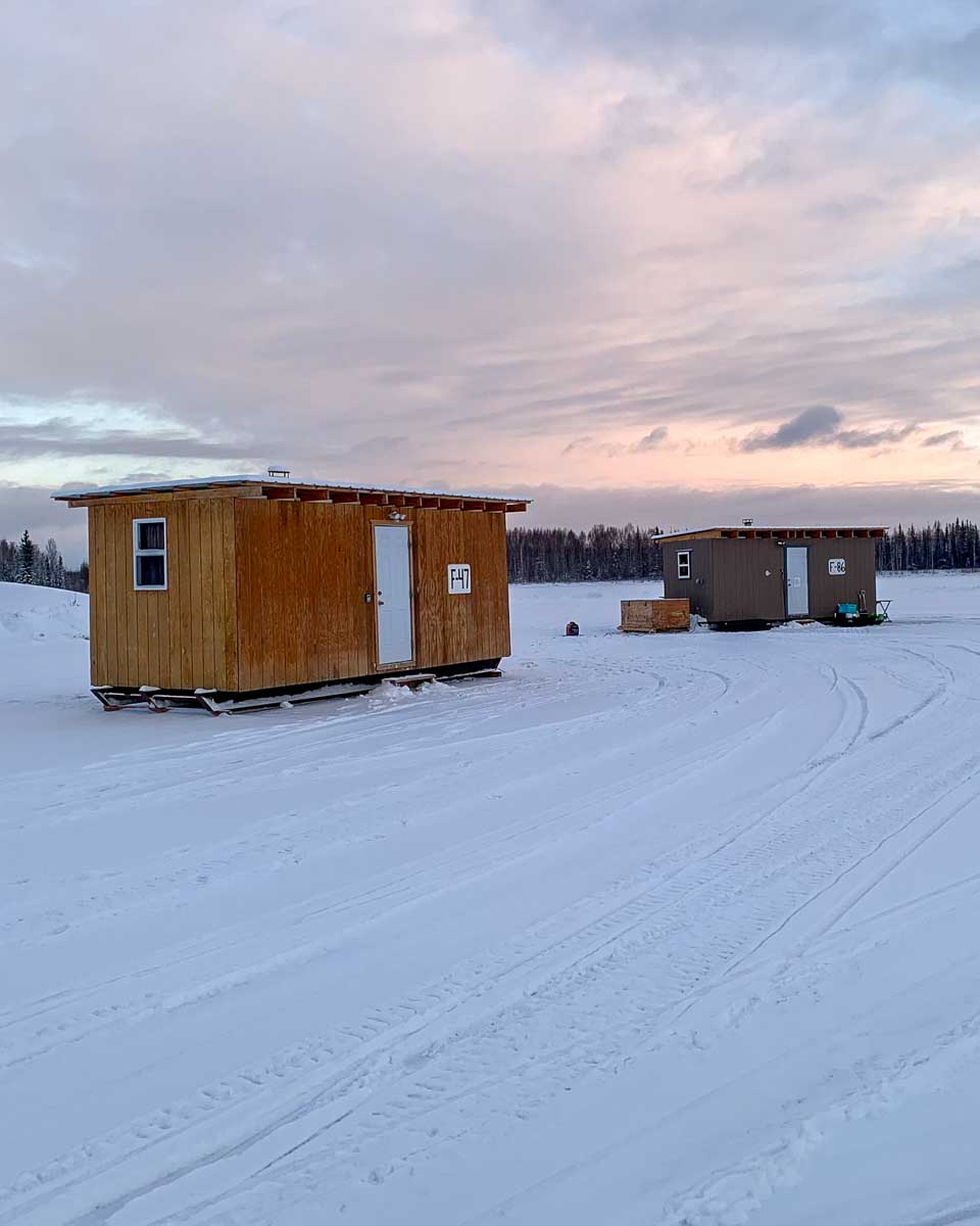 Rod's Alaskan Guide Service ice fishing cabins seen on a tour from Fairbanks Alaska