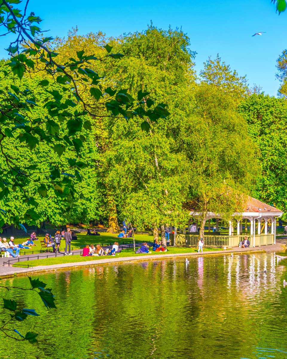 St Stephen's Green park with people walking Dublin Ireland