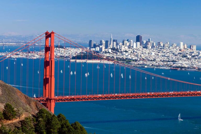 The Golden Gate Bridge and San Francisco City skyline in San Franscico California