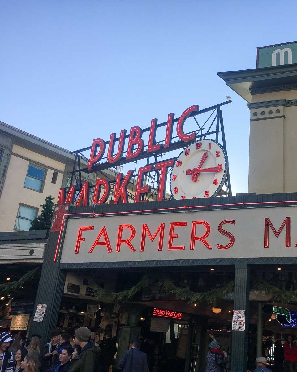The Pike Place Market sign seen on a tour of Seattle Washington
