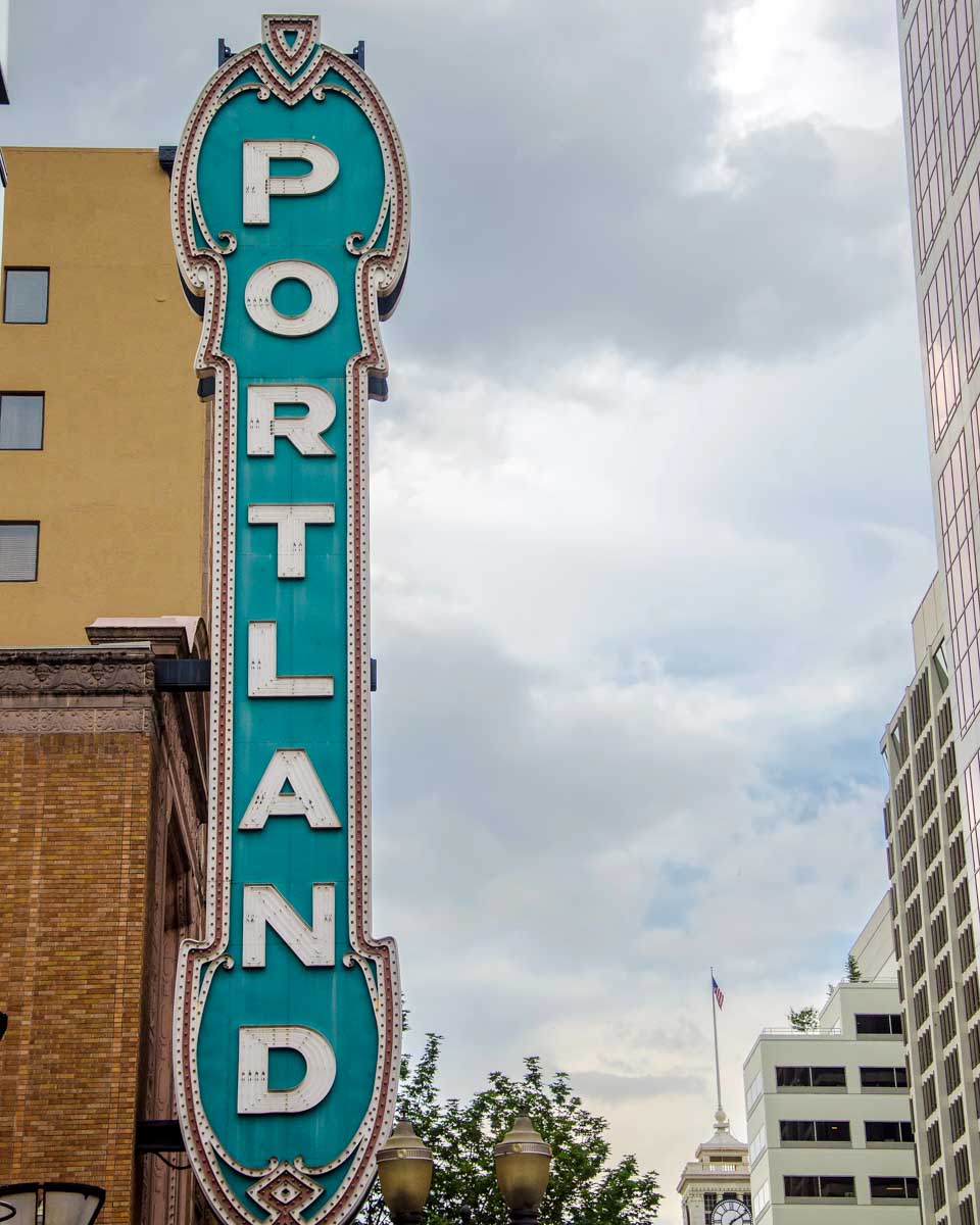 The Portland sign on the Arlene Schnitzer Concert Hall in Portland Oregon