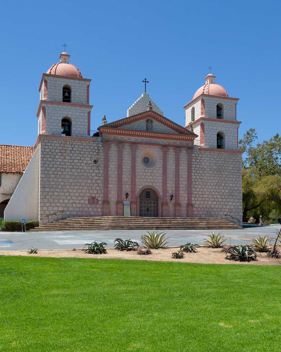 The Santa Barbara Mission seen on a trolley tour in Santa Barbara California