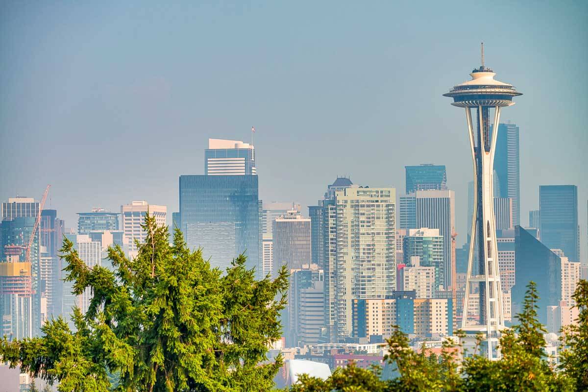 The Seattle Washington skyline on a sunny day in the United States