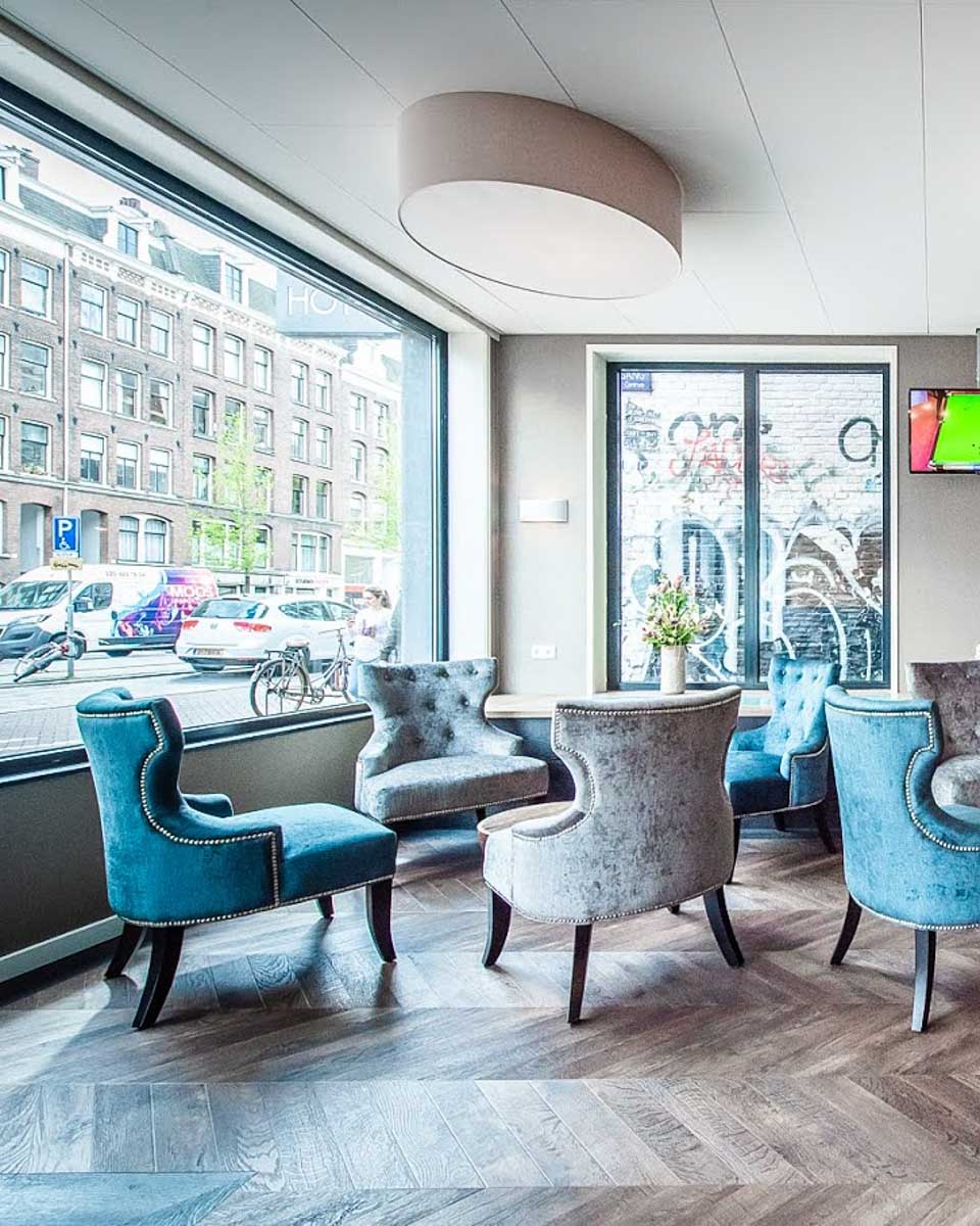 The lobby at the Melrose Hotel in Amsterdam