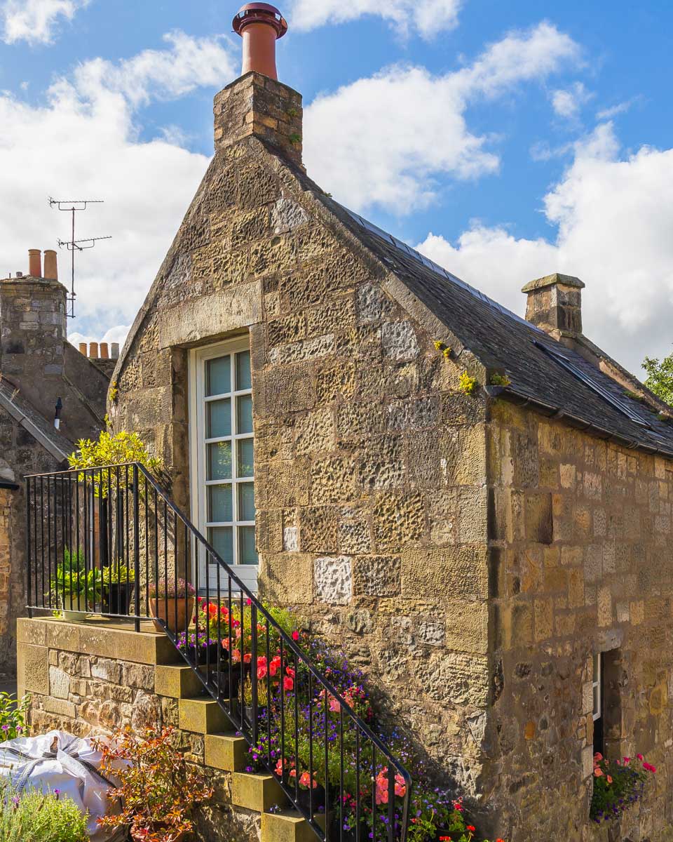 View of old houses in historic village of Falkland in Fife on a tour from Edinburgh Scotland