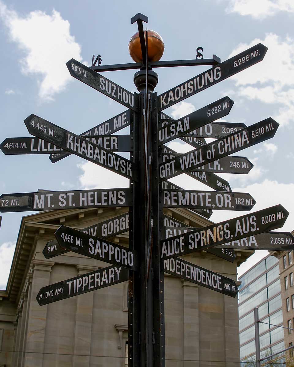 World Landmarks Directional Signpost in Pioneer Courthouse Square in Portland Oregon