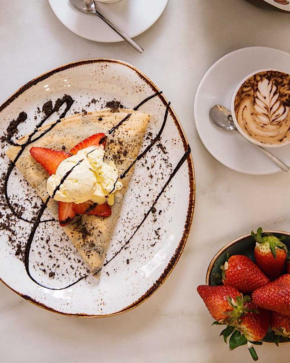 breakfast crepe and coffee at Mimi's Creperia in Madrid Spain