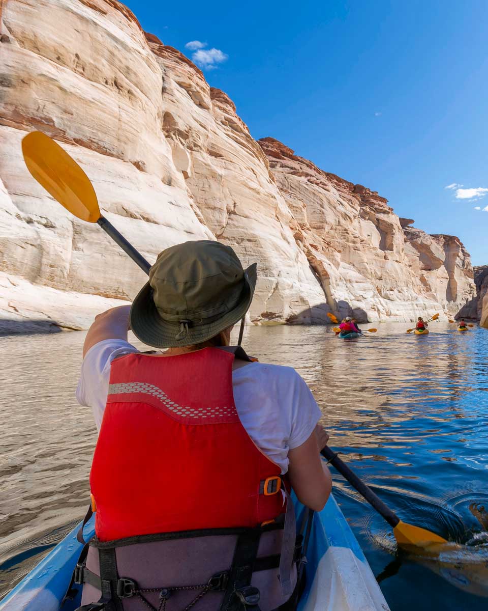 A person kayaks canoes on Lake Powel to Antelope Canyon near Page Arizona