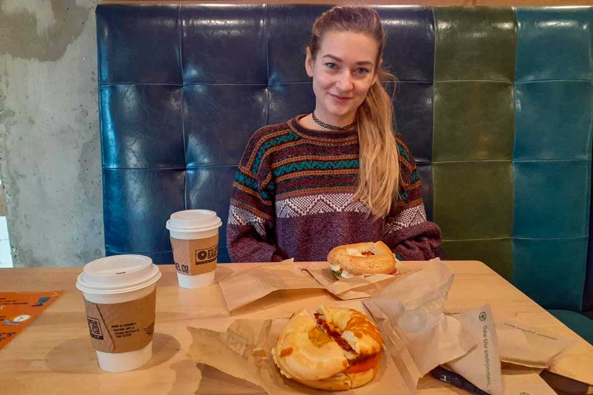 Bailey eats breakfast at Cherry Street Coffee House in Seattle Washington 1