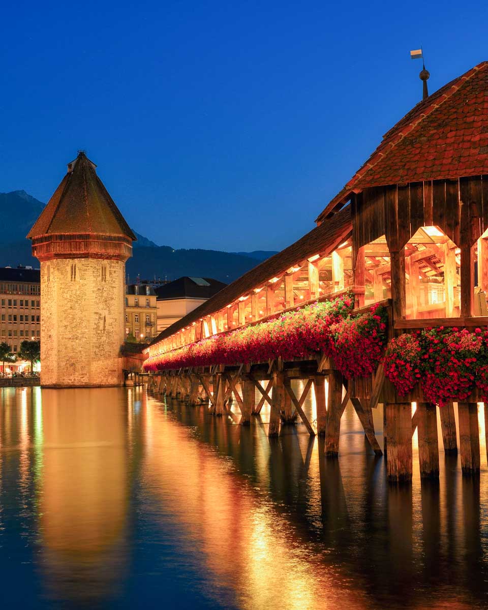 Chapel Bridge at night in Lucerne Switzerland