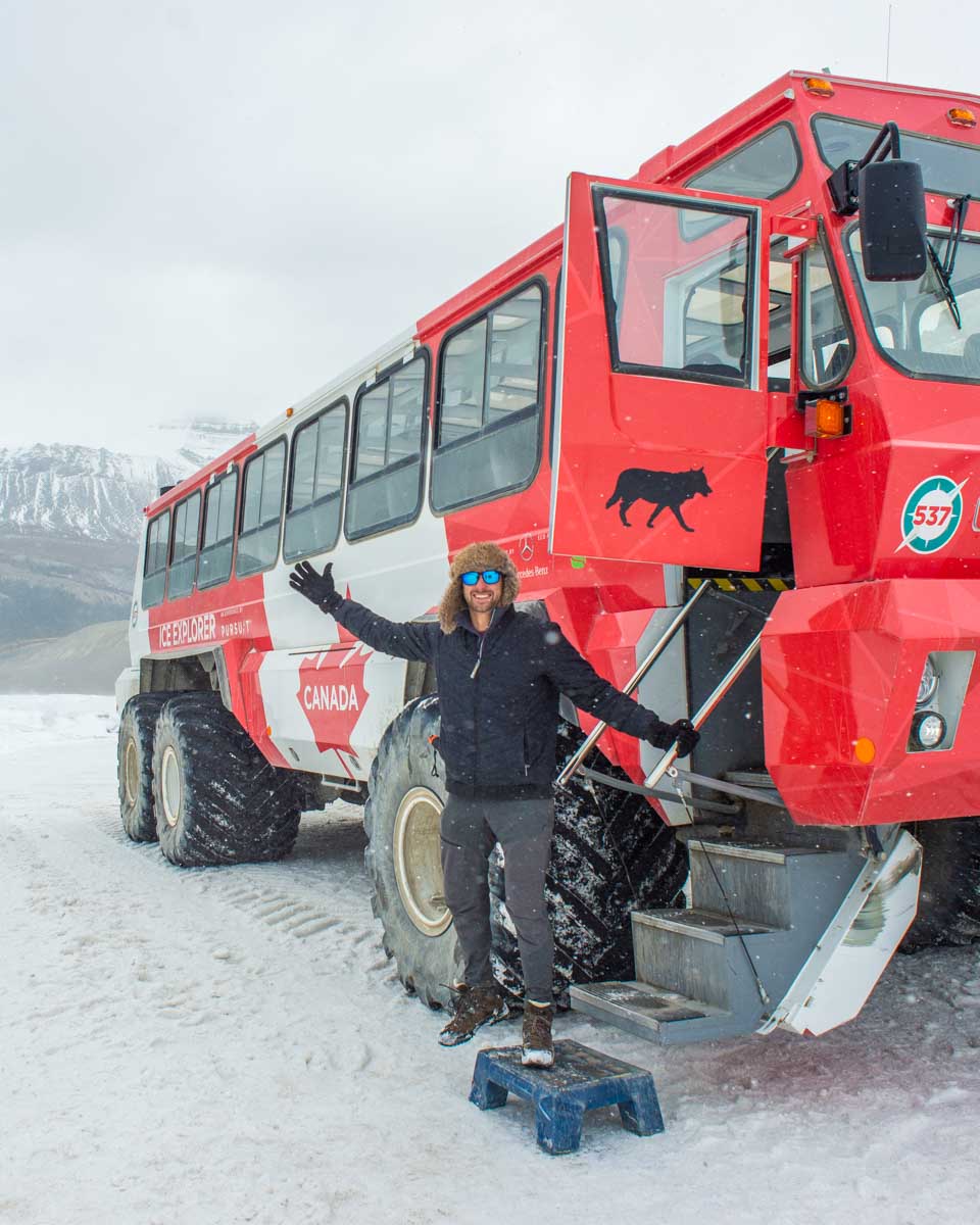 Daniel-on-one-of-the-large-Ice-Explorers-on-the-Athabasca-Glacier-on-a-tour-from Jasper