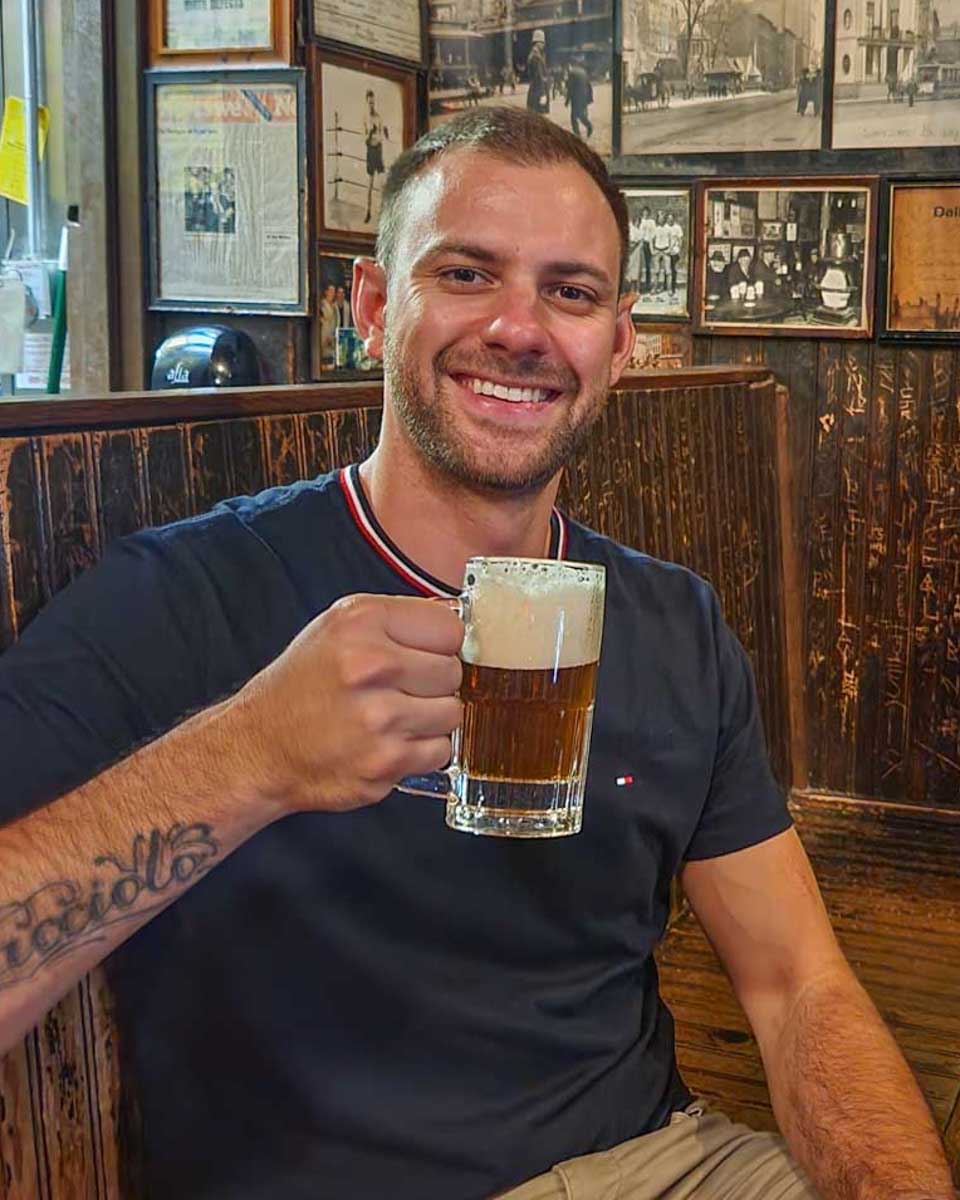 Daniel-poses-for-a-photo-at-a-pub-in-Prague Czech Republic