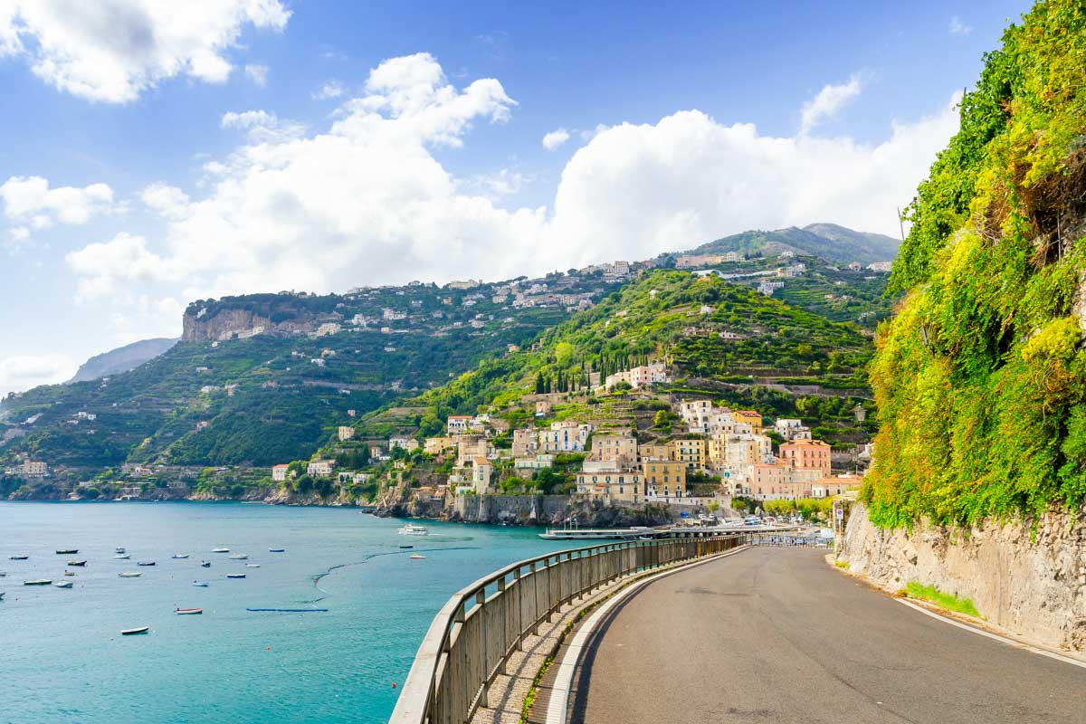 Driving our rental car along the Amalfi Coast in Italy