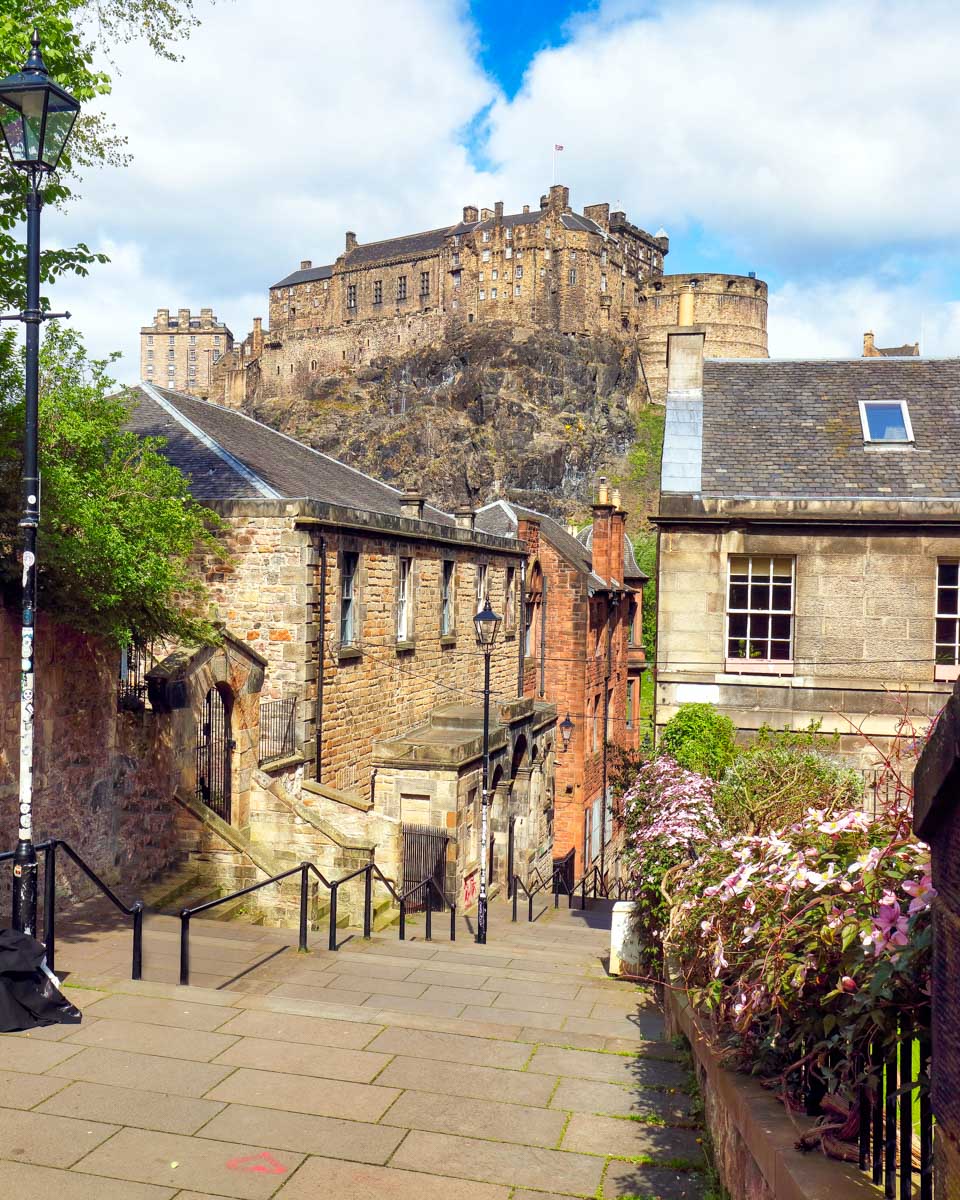 Grassmarket The Vennel with views of the castle in Edinburgh Scotland