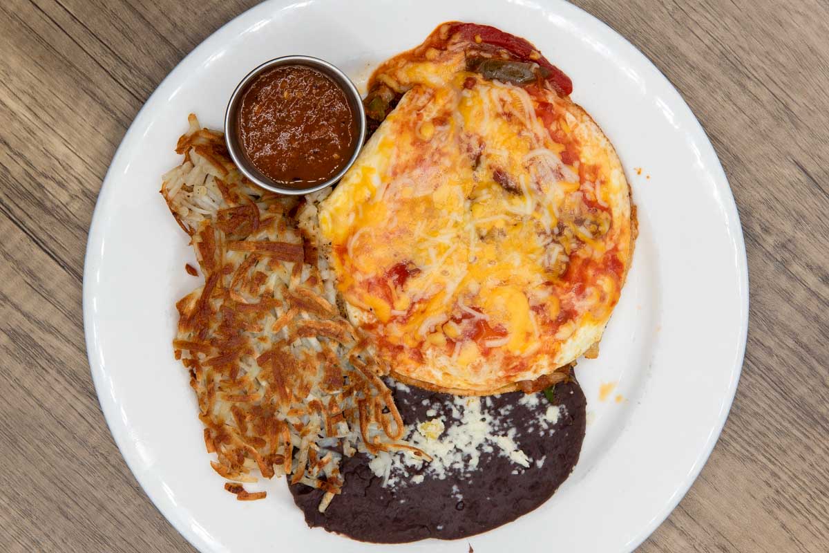 Hashbrowns huevos rancheros eaten for breakfast in Sedona Arizona
