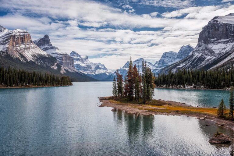 Maligne Lake seen on a day trip from Jasper Canada on a cloudy day
