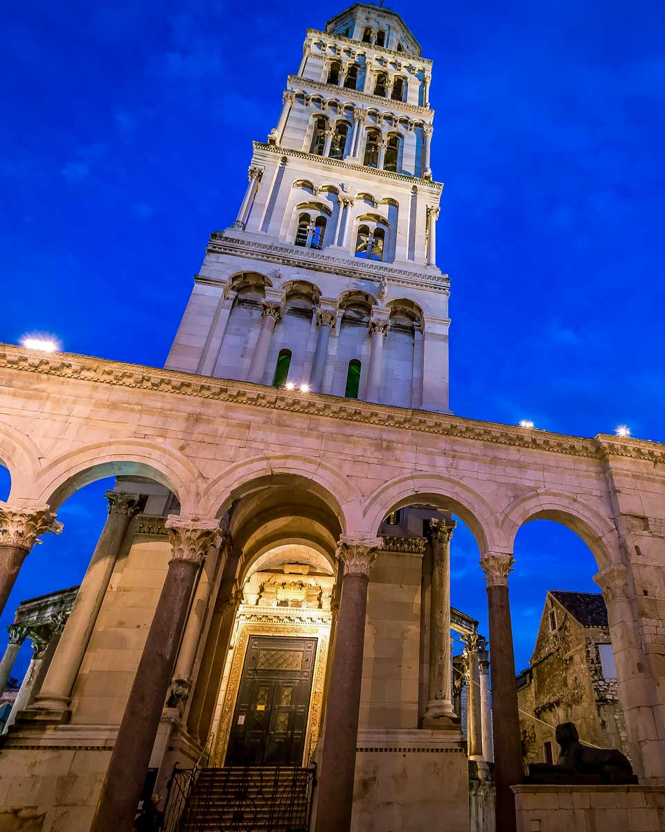 Peristyle square in the ancient Diocletian Palace seen at night in Split Croatia