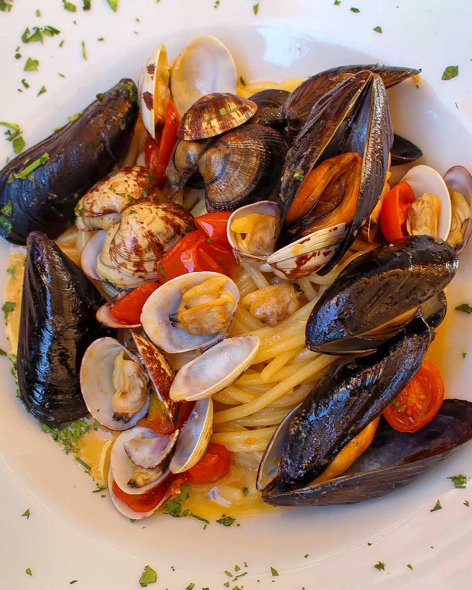 Seafood-pasta-eaten-in Dassia Corfu Greece