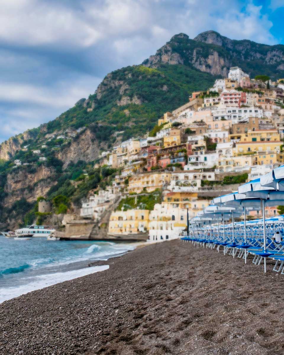 Spiaggia Grande black sand beach in Positano Amalfi Coast Italy