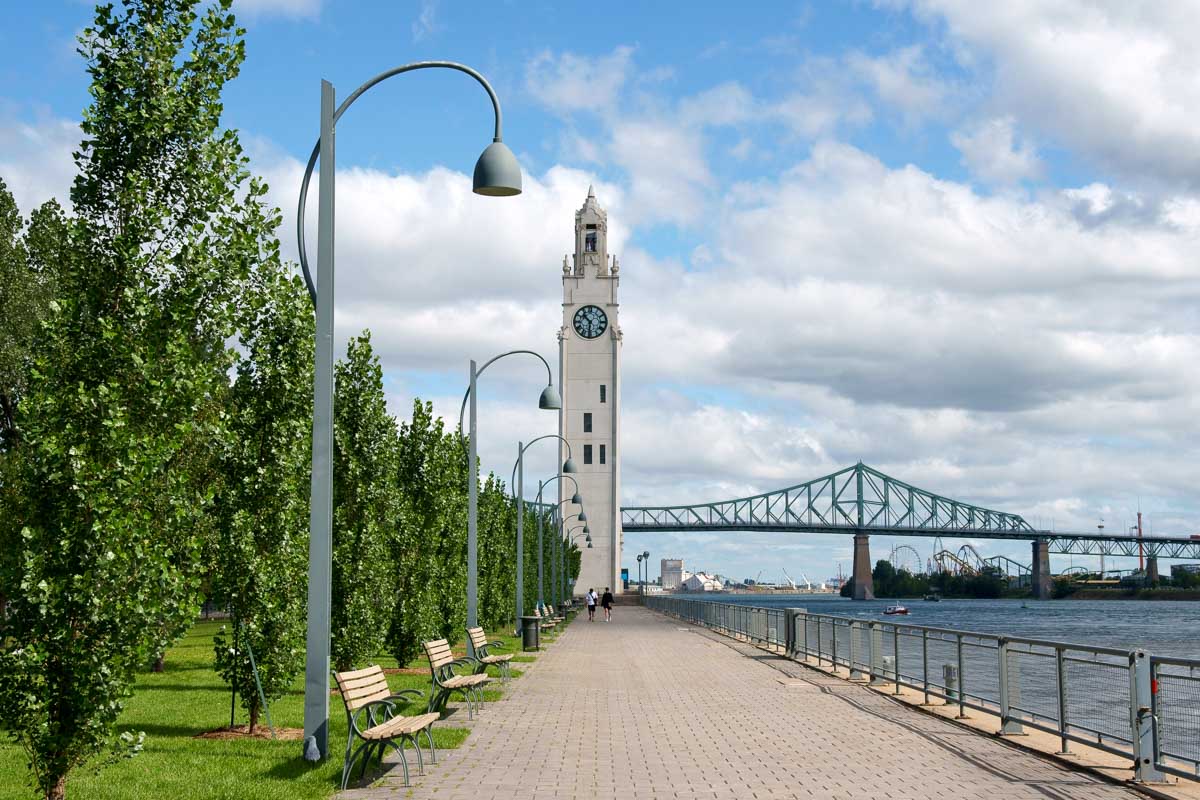 The Old Port Boardwalk and clocktower in Montreal Quebec