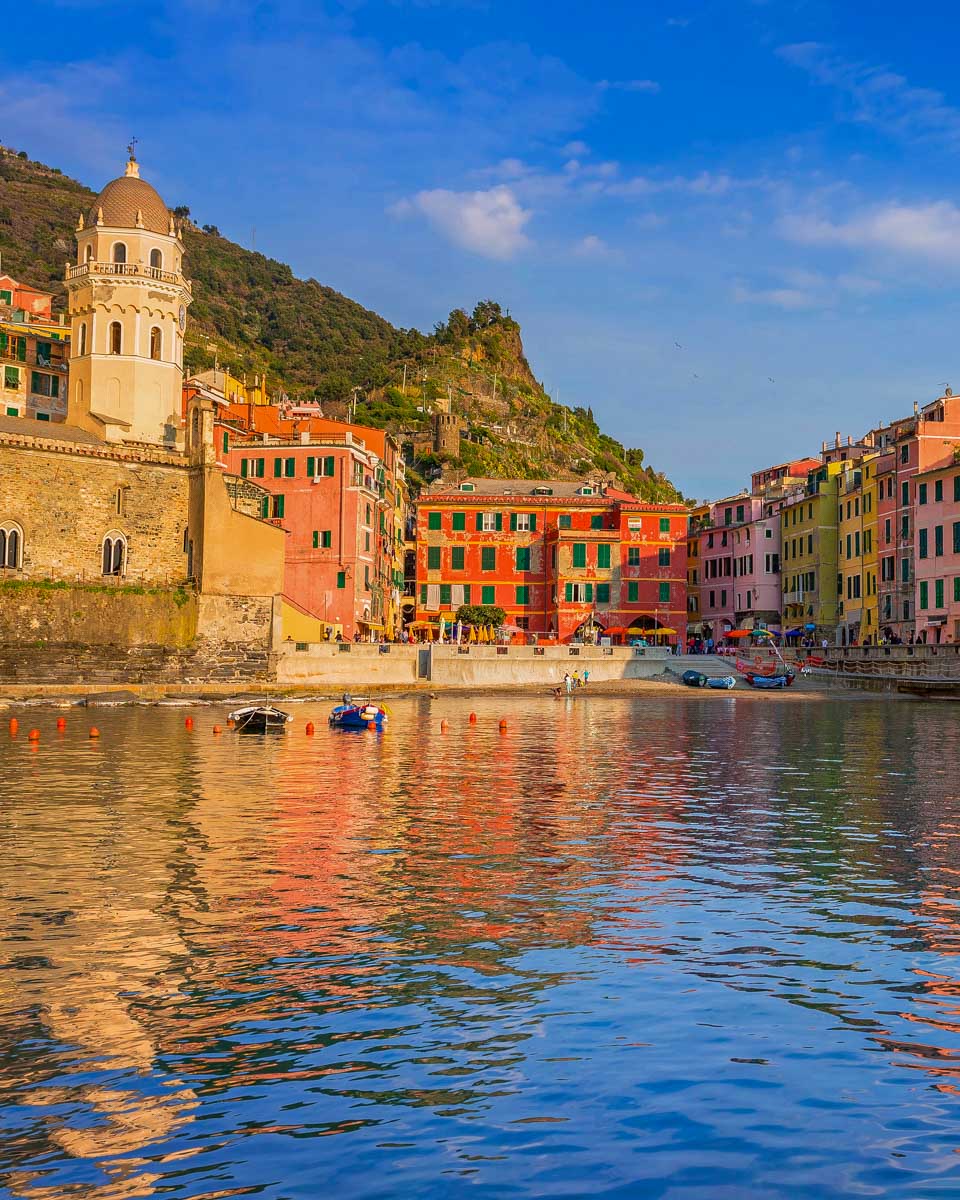 The village of Vernazza seen on a sunset cruise of Cinque Terre from Monterosso Italy