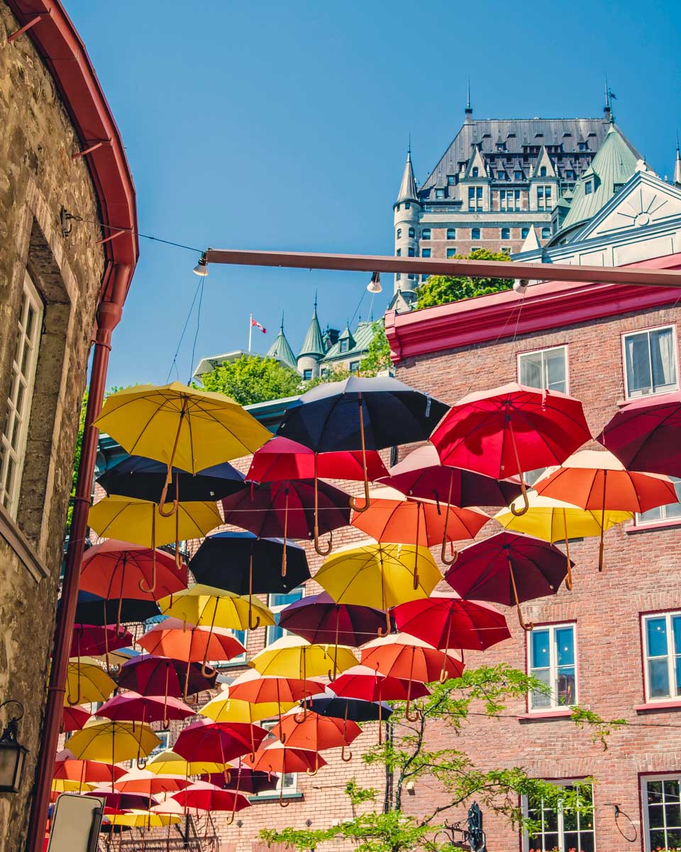 Umbrellas in Petit Champlain street Quebec city Quebec near sundown