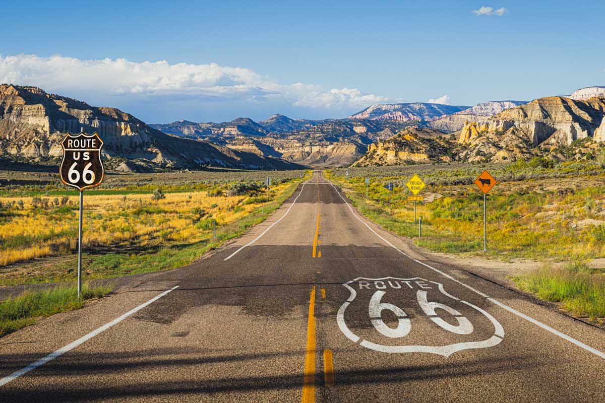 View of the road and scenery driving down route 66 in USA